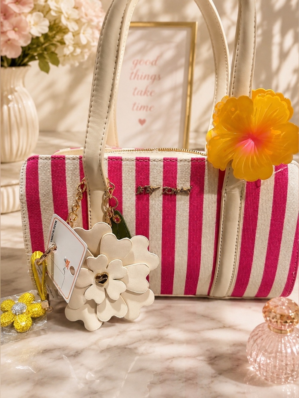 Betsey Johnson stripe pink and ivory shoulder bag with accessories